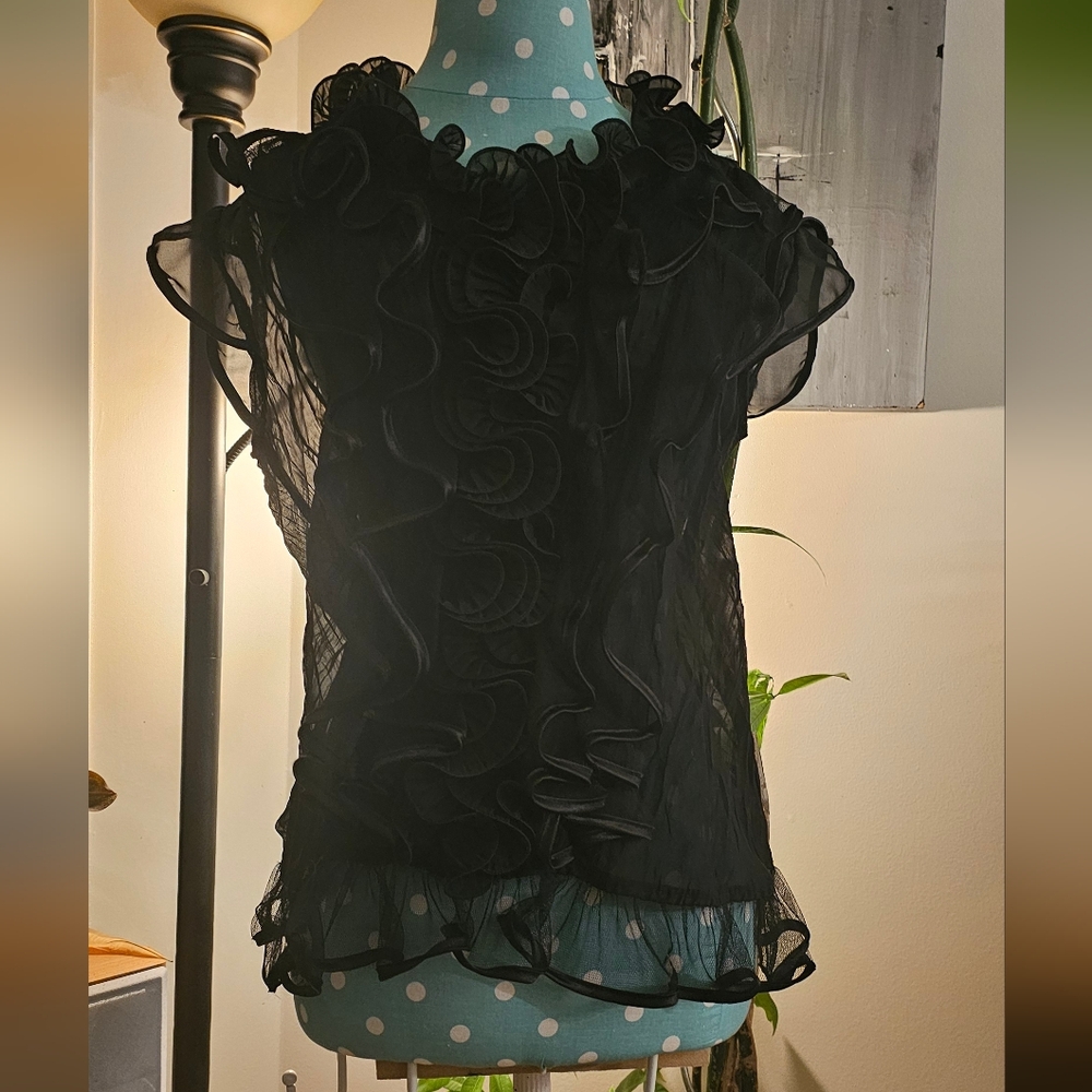 Chic Black Sheer Women's Frilly Blouse - Picture 2 of 4